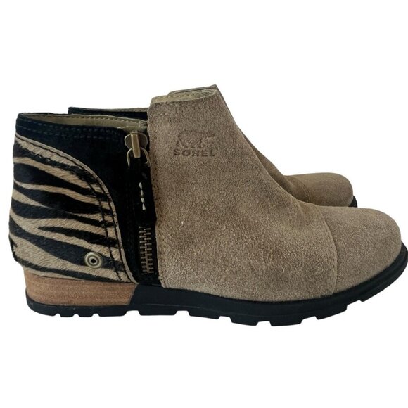 Sorel Joan Major Low Bootie Women 8 Tan Suede Zebra Stripe Pony Hair Taupe Boots - Picture 1 of 16